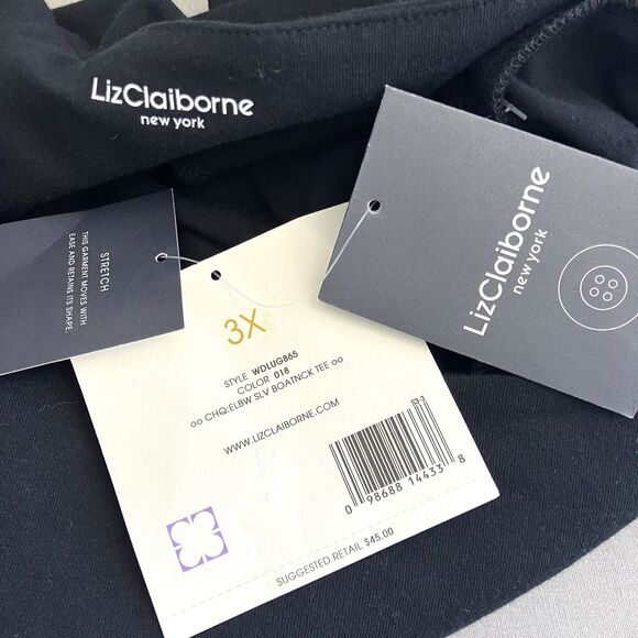 LIZ CLAIBORNE sz 3X Solid Black Cotton Stretch Short Sleeve Button Pullover Top - Picture 5 of 5